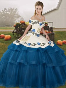 Modern Blue Sleeveless Brush Train Embroidery and Ruffled Layers Quinceanera Dresses