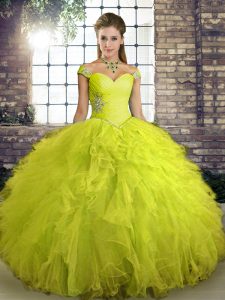 Yellow Green Ball Gowns Tulle Off The Shoulder Sleeveless Beading and Ruffles Floor Length Lace Up Quinceanera Dresses