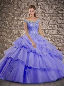 Customized Lavender Lace Up Off The Shoulder Beading and Pick Ups Ball Gown Prom Dress Organza Cap Sleeves Brush Train