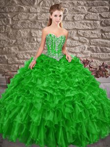 Noble Green Sweetheart Lace Up Beading and Ruffles Ball Gown Prom Dress Brush Train Sleeveless
