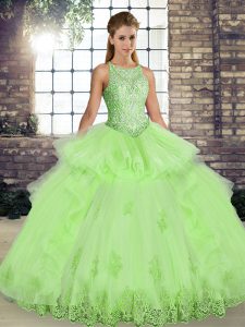 Glamorous Yellow Green Ball Gowns Scoop Sleeveless Tulle Floor Length Lace Up Lace and Embroidery and Ruffles Quinceaner