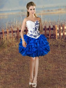 Blue And White Sleeveless Mini Length Embroidery and Ruffles Lace Up Prom Gown