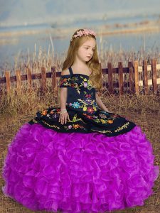 Lovely Short Sleeves Floor Length Embroidery and Ruffles Lace Up Pageant Dress with Purple