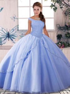 Adorable Off The Shoulder Sleeveless Brush Train Lace Up Sweet 16 Quinceanera Dress Lavender Tulle