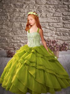 Pretty Olive Green Organza Lace Up Little Girls Pageant Gowns Sleeveless Floor Length Beading and Ruffled Layers