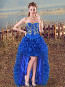 Free and Easy Royal Blue Sleeveless High Low Embroidery and Ruffles Lace Up Prom Party Dress