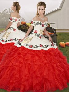 Latest Sleeveless Floor Length Embroidery and Ruffles Lace Up Quinceanera Dresses with White And Red