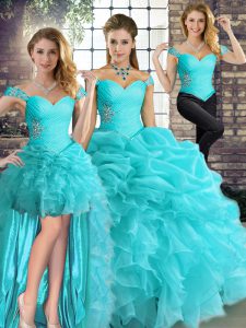 Super Aqua Blue Sleeveless Beading and Ruffles and Pick Ups Floor Length Quinceanera Dress
