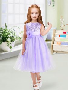 Organza Scoop Sleeveless Zipper Sequins and Hand Made Flower Toddler Flower Girl Dress in Lavender