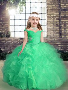 Organza Straps Sleeveless Lace Up Beading and Ruffles and Ruching Little Girls Pageant Gowns in Apple Green
