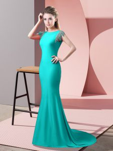 Latest Beading Prom Dress Turquoise Backless Short Sleeves Brush Train