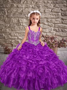 Purple Ball Gowns Beading and Ruffles Little Girls Pageant Dress Lace Up Organza Sleeveless