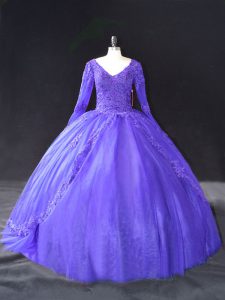 Deluxe Purple Long Sleeves Floor Length Lace and Appliques Lace Up Quinceanera Dress