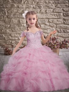 Lace Up Little Girl Pageant Gowns Rose Pink for Wedding Party with Beading and Lace and Pick Ups Brush Train