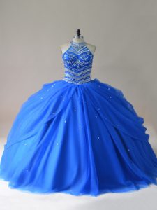 Floor Length Royal Blue Quince Ball Gowns Halter Top Sleeveless Lace Up
