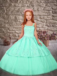 Apple Green Lace Up Straps Embroidery Little Girls Pageant Gowns Satin and Tulle Sleeveless Sweep Train