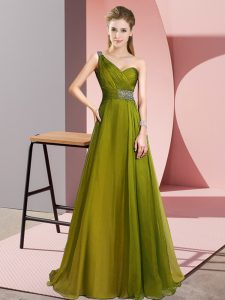 One Shoulder Sleeveless Brush Train Criss Cross Prom Dress Olive Green Chiffon