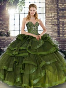 Olive Green Sweetheart Neckline Beading and Ruffles Sweet 16 Quinceanera Dress Sleeveless Lace Up