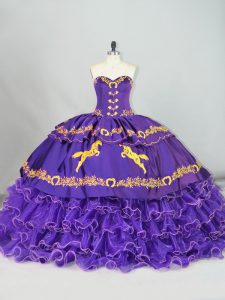 Inexpensive Purple Ball Gowns Sweetheart Sleeveless Satin and Organza Brush Train Lace Up Embroidery and Ruffled Layers 