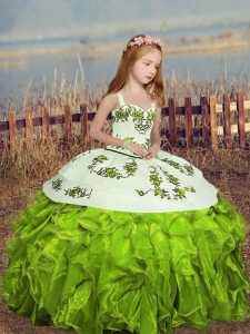 Fancy Yellow Green Lace Up Kids Pageant Dress Embroidery and Ruffles Sleeveless Floor Length