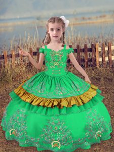 Sleeveless Satin Floor Length Lace Up Little Girls Pageant Dress Wholesale in Turquoise with Beading and Embroidery