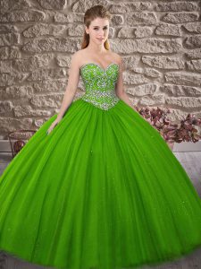 Sleeveless Tulle Brush Train Lace Up Quince Ball Gowns in Green with Beading