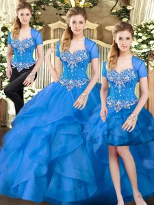 Elegant Blue Tulle Lace Up Sweetheart Sleeveless Floor Length Sweet 16 Quinceanera Dress Beading and Ruffles