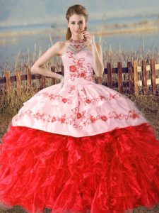 Best Selling Floor Length Ball Gowns Sleeveless Red Quinceanera Gowns Court Train Lace Up
