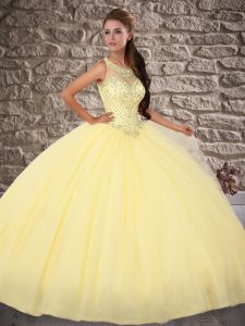 Fantastic Light Yellow Sleeveless Beading Backless Quince Ball Gowns