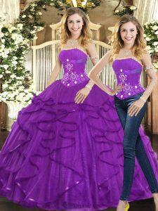 Hot Selling Strapless Sleeveless Quinceanera Dresses Floor Length Beading and Ruffles Purple Tulle