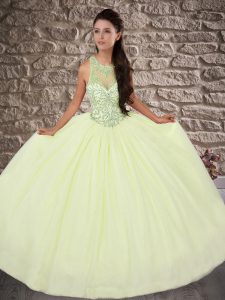 Spectacular Light Yellow Sleeveless Tulle Brush Train Lace Up Quinceanera Gown for Military Ball and Sweet 16 and Quince