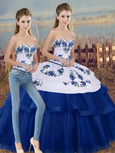 Dazzling Sleeveless Tulle Floor Length Lace Up Quinceanera Dresses in Royal Blue with Embroidery and Bowknot