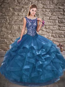 Designer Scoop Sleeveless Lace Up Sweet 16 Dresses Blue Tulle