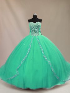 Suitable Turquoise Tulle Lace Up Sweetheart Sleeveless Quinceanera Dress Court Train Beading