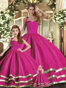 Fashionable Fuchsia Sleeveless Tulle Lace Up Ball Gown Prom Dress for Military Ball and Sweet 16 and Quinceanera
