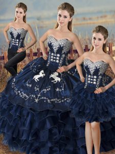 Navy Blue Lace Up Sweetheart Embroidery and Ruffles Quinceanera Dress Satin and Organza Sleeveless