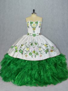 Sleeveless Floor Length Embroidery and Ruffles Lace Up Quinceanera Gown with Green