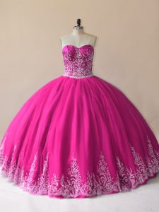 Eye-catching Fuchsia Ball Gowns Tulle Sweetheart Sleeveless Embroidery Floor Length Lace Up Quinceanera Gowns