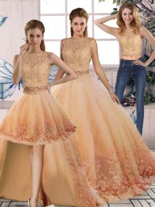 Custom Made Sleeveless Sweep Train Lace Backless Quinceanera Gown
