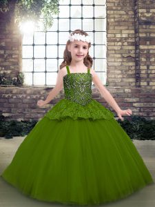 Olive Green Tulle Lace Up Straps Sleeveless Floor Length Pageant Gowns For Girls Beading