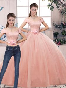 Short Sleeves Lace and Hand Made Flower Lace Up Ball Gown Prom Dress
