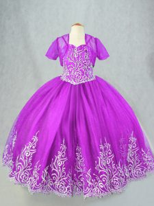 Purple Spaghetti Straps Lace Up Beading and Embroidery Little Girls Pageant Dress Wholesale Sleeveless