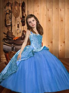 Blue Tulle Lace Up Little Girls Pageant Dress Sleeveless Floor Length Beading and Appliques