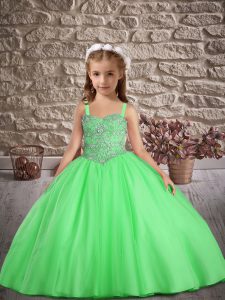Green Little Girls Pageant Gowns Straps Sleeveless Sweep Train Lace Up