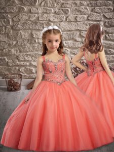 Attractive Straps Sleeveless Tulle Little Girl Pageant Dress Beading Lace Up