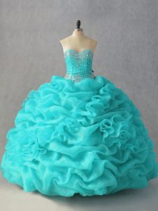 Exquisite Aqua Blue Sleeveless Floor Length Beading and Pick Ups and Hand Made Flower Lace Up Sweet 16 Dress