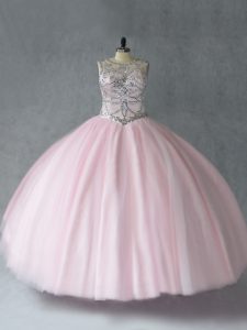 Fantastic Floor Length Baby Pink Vestidos de Quinceanera Tulle Sleeveless Beading
