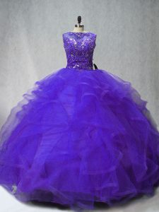 Sleeveless Tulle Brush Train Lace Up Ball Gown Prom Dress in Purple with Beading and Ruffles