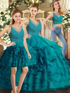 Exquisite Organza V-neck Sleeveless Backless Ruffled Layers Vestidos de Quinceanera in Teal
