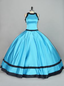 Popular Floor Length Baby Blue Quince Ball Gowns Satin Sleeveless Ruching